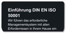 Einfhrung DIN EN ISO 50001 Wir fhren das erforderliche Managementsystem mit allen Erfordernissen in Ihrem Hause ein